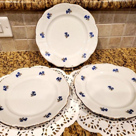 Bareuther Plates Set Of 3 Bavaria US Zone 1946 - 1949 Germany Blue Floral Gold - Picture 1 of 5